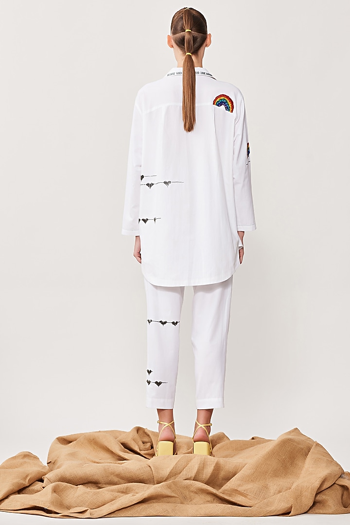 White Embroidered Pants by Shahin Mannan at Pernia's Pop Up Shop