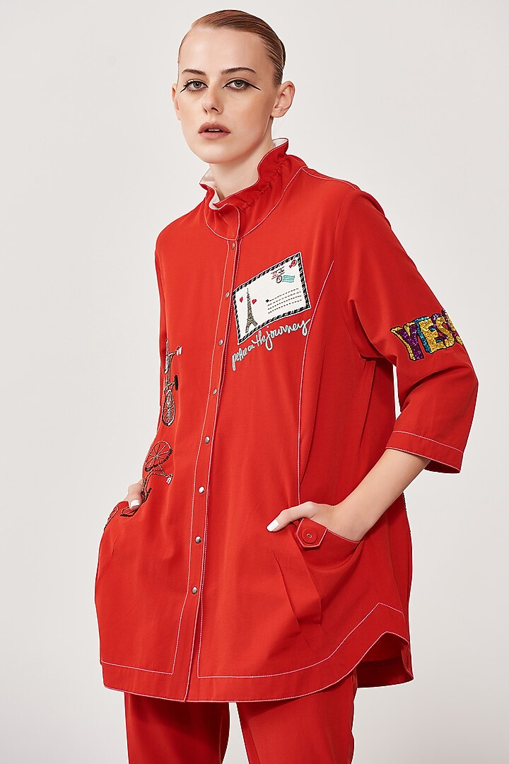 Red Embroidered Jacket by Shahin Mannan at Pernia's Pop Up Shop