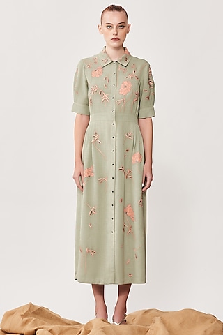 Sage Green Embroidered Shirt Dress by Shahin Mannan