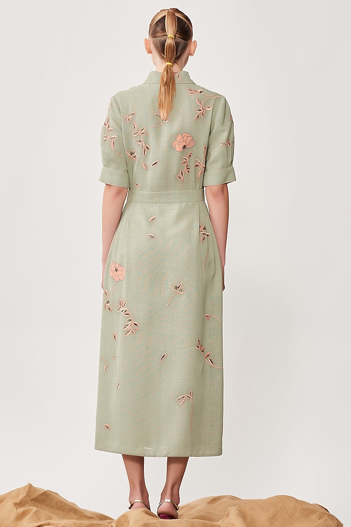 Sage Green Embroidered Cocktail Shirt Dress by Shahin Mannan at Pernia's Pop Up Shop
