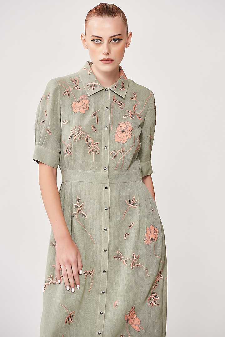 Sage Green Embroidered Cocktail Shirt Dress by Shahin Mannan at Pernia's Pop Up Shop