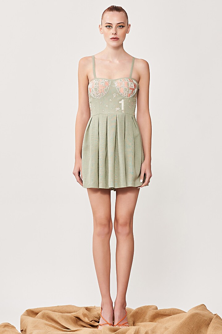 Sage Green Embroidered Skater Cocktail Dress by Shahin Mannan at Pernia's Pop Up Shop