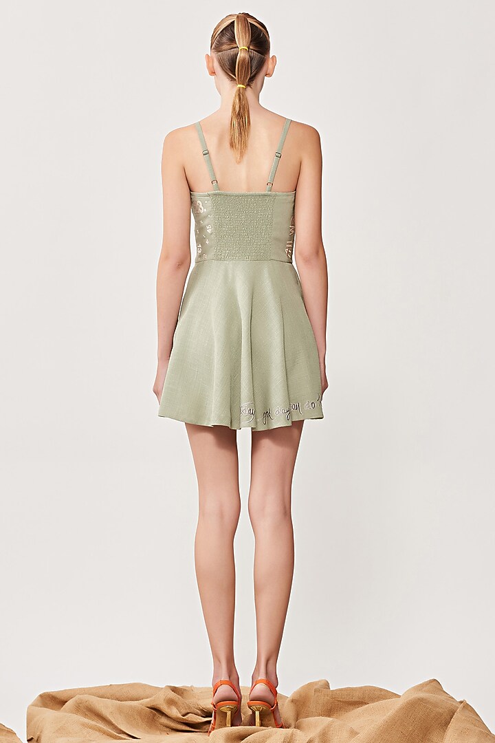 Sage Green Embroidered Skater Cocktail Dress by Shahin Mannan at Pernia's Pop Up Shop