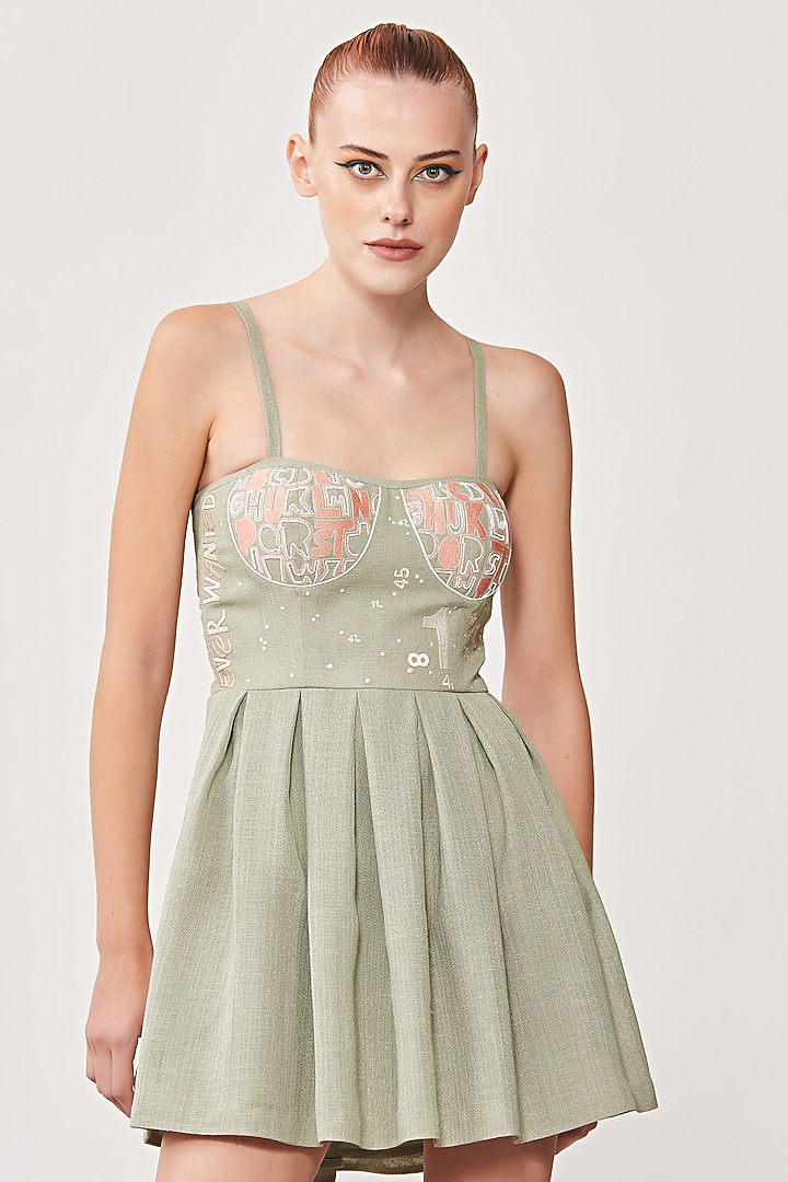 Sage Green Embroidered Skater Cocktail Dress by Shahin Mannan at Pernia's Pop Up Shop