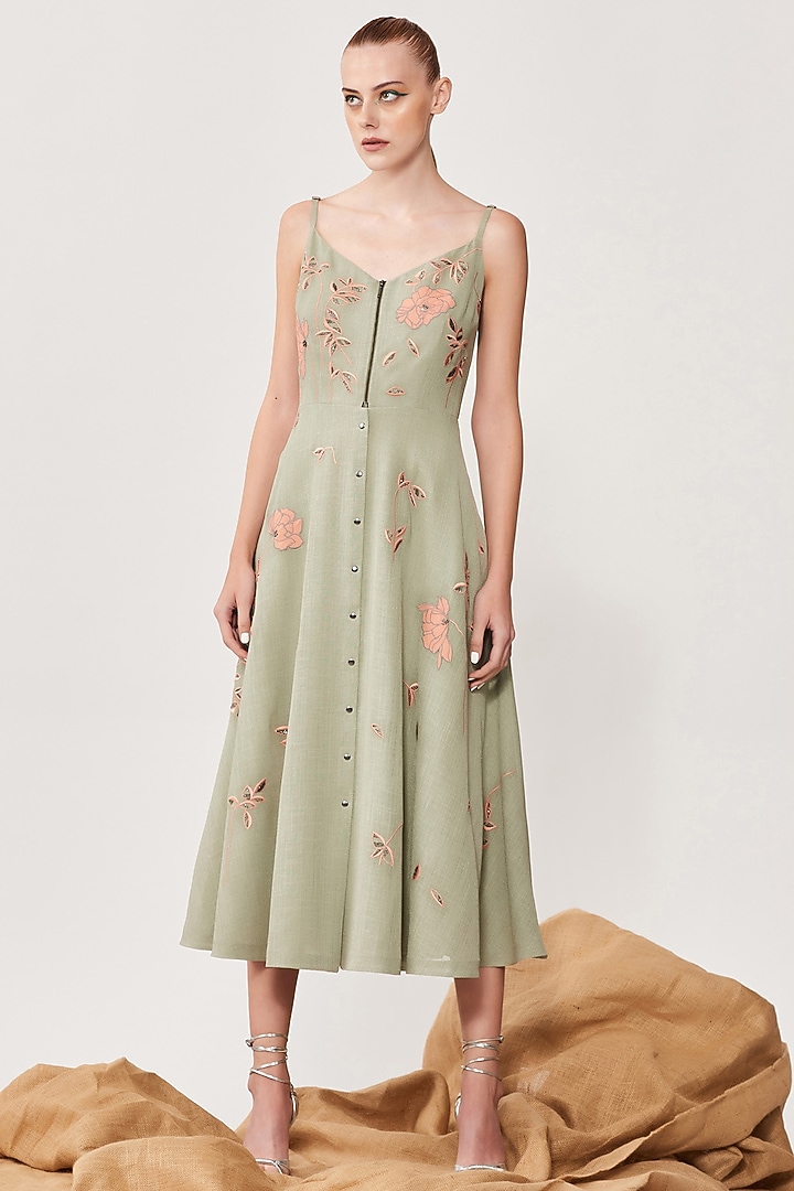 Sage Green Embroidered Midi Cocktail Dress by Shahin Mannan at Pernia's Pop Up Shop