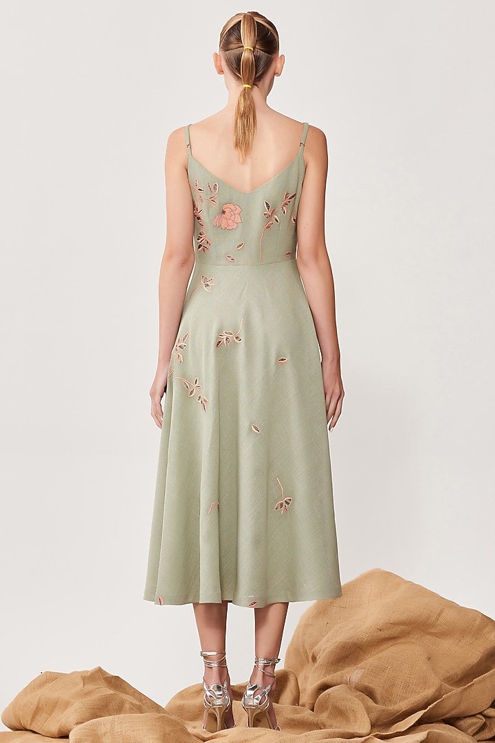 Sage Green Embroidered Midi Cocktail Dress by Shahin Mannan at Pernia's Pop Up Shop