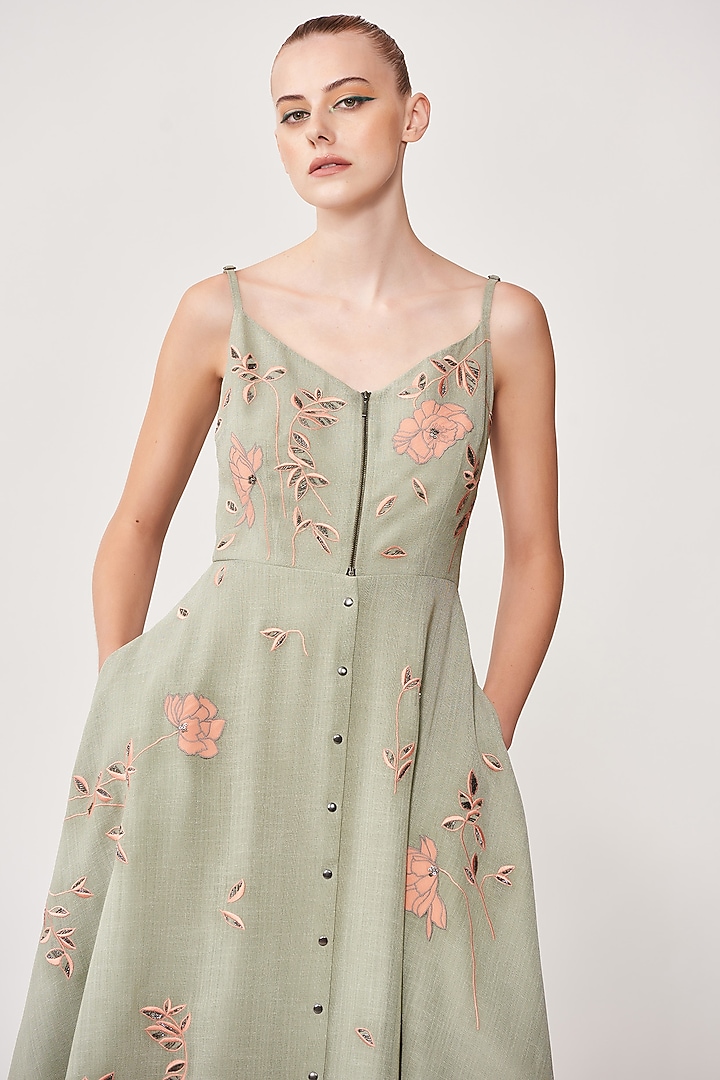 Sage Green Embroidered Midi Cocktail Dress by Shahin Mannan at Pernia's Pop Up Shop