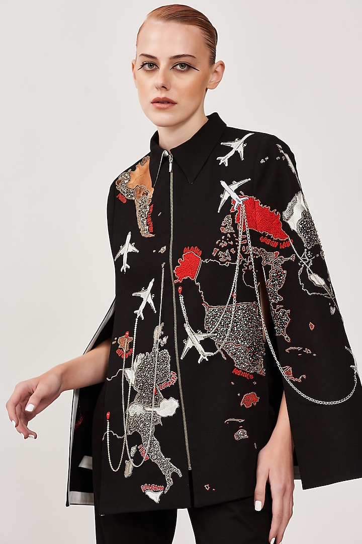 Black Embroidered Cape Set by Shahin Mannan at Pernia's Pop Up Shop