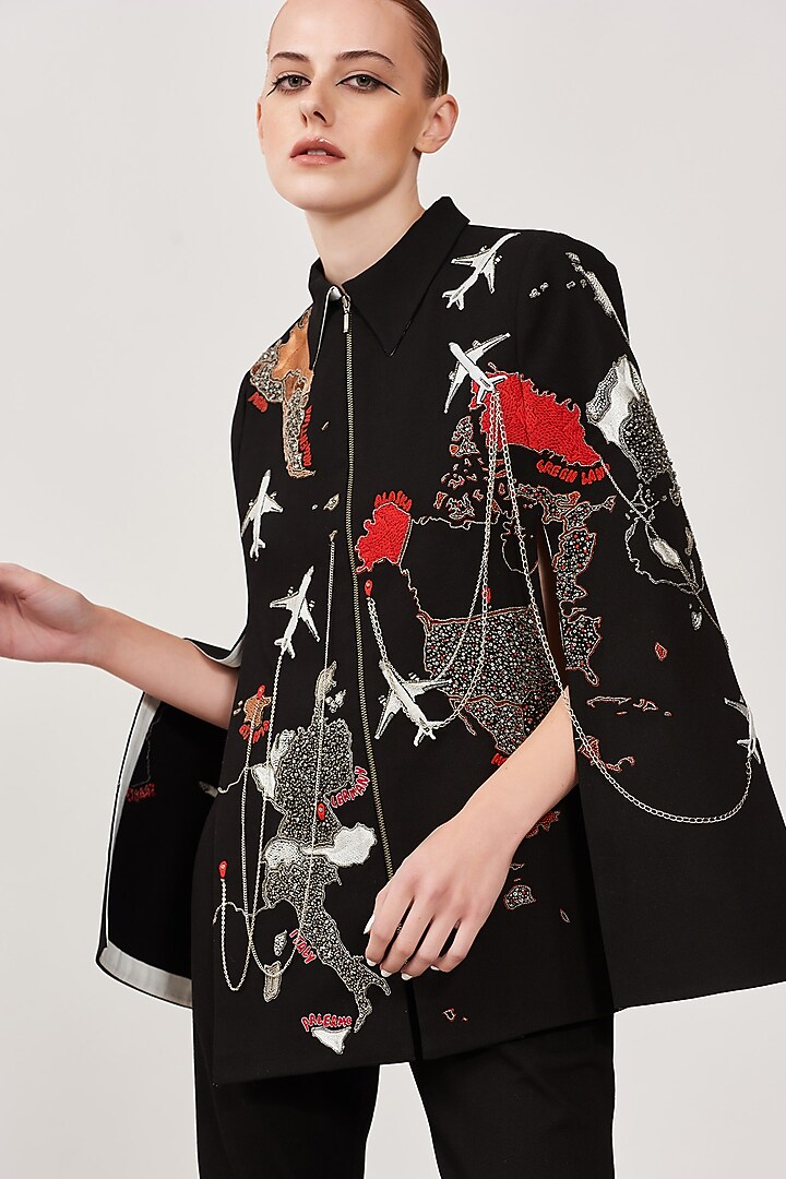 Black Embroidered Cape by Shahin Mannan at Pernia's Pop Up Shop