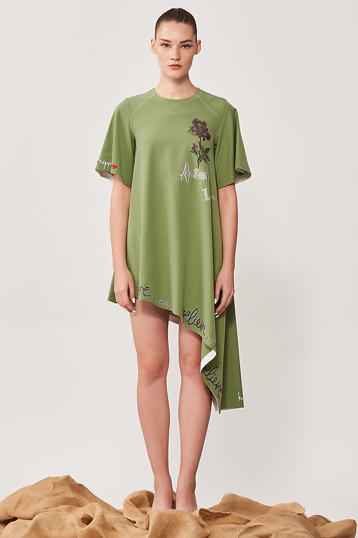 Pea Green Embroidered Asymmetrical Cocktail Dress by Shahin Mannan at Pernia's Pop Up Shop