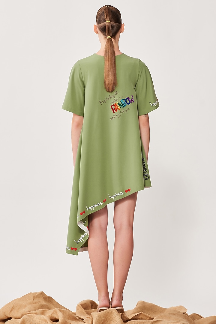 Pea Green Embroidered Asymmetrical Cocktail Dress by Shahin Mannan at Pernia's Pop Up Shop
