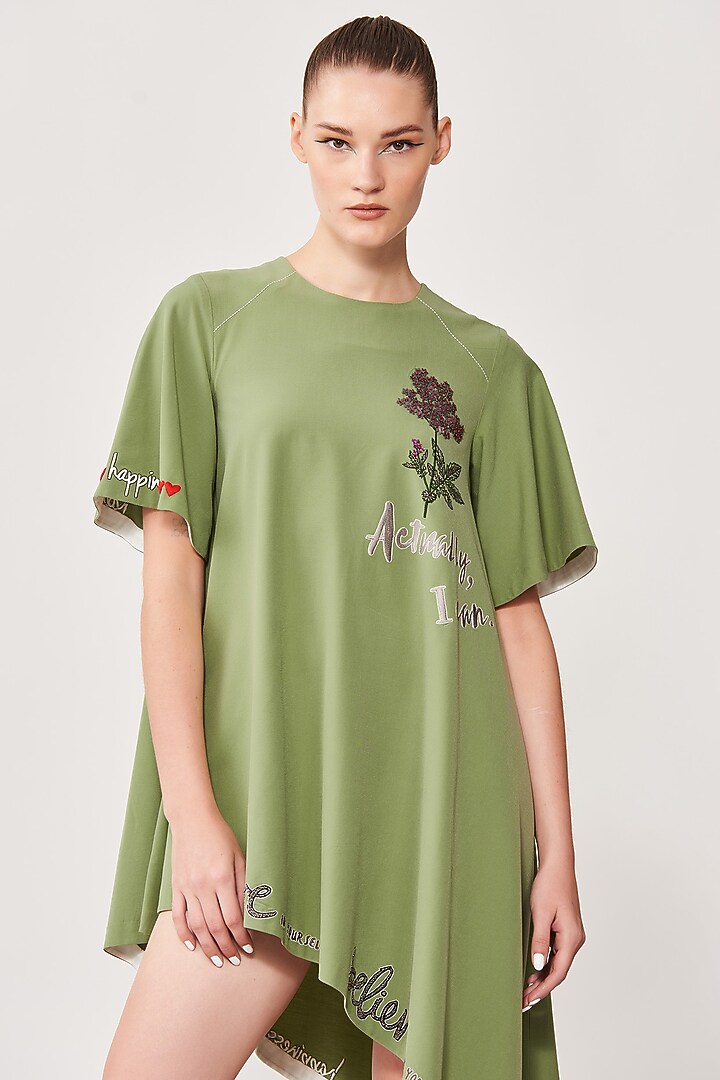 Pea Green Embroidered Asymmetrical Cocktail Dress by Shahin Mannan at Pernia's Pop Up Shop