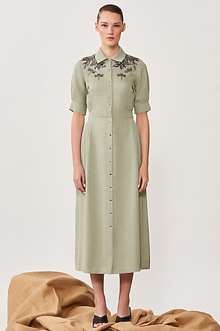 Sage Green Embroidered Midi Dress by Shahin Mannan