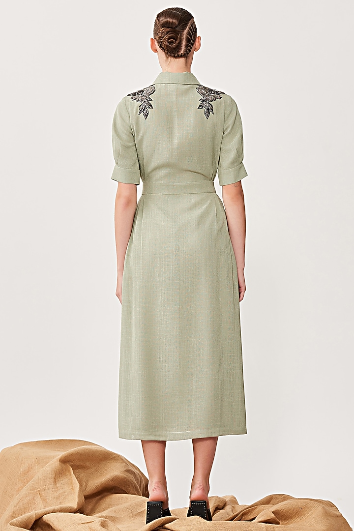 Sage Green Embroidered Midi Cocktail Dress by Shahin Mannan at Pernia's Pop Up Shop