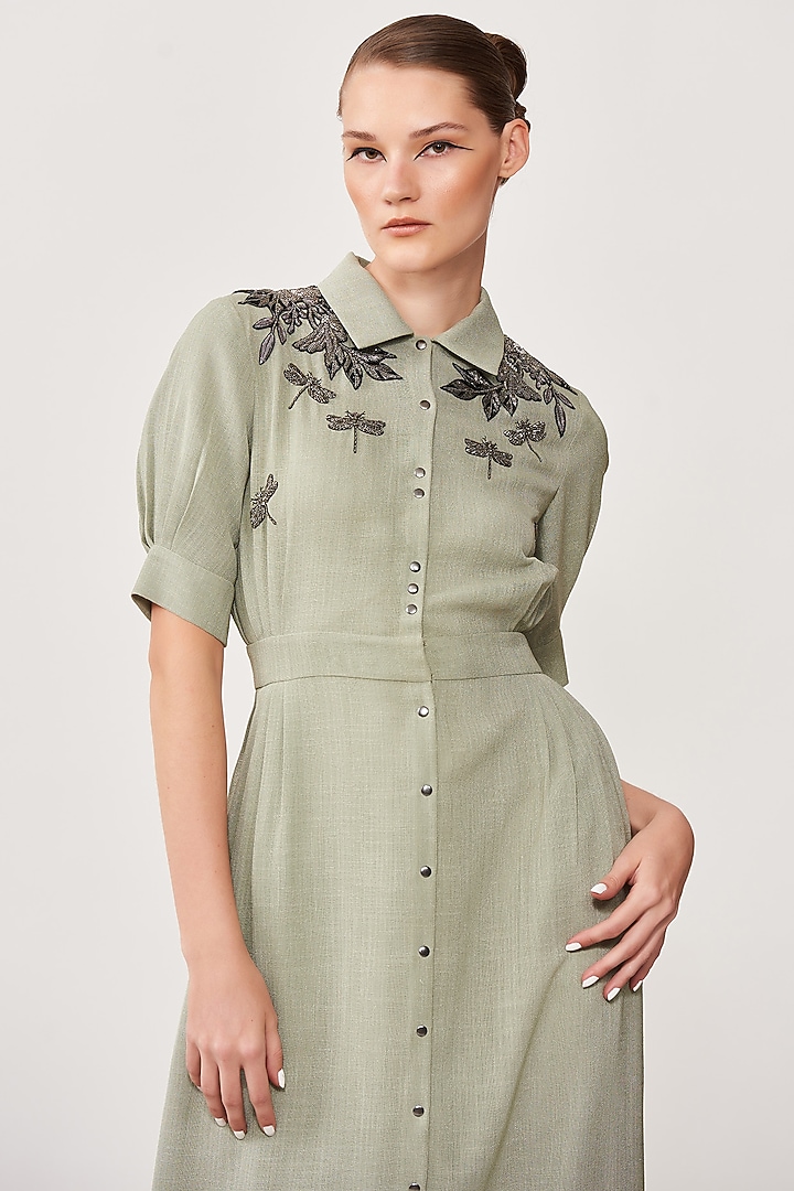 Sage Green Embroidered Midi Cocktail Dress by Shahin Mannan at Pernia's Pop Up Shop