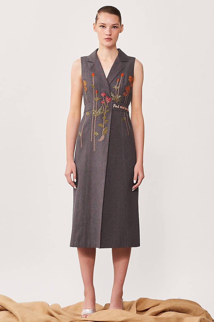 Grey Embroidered Wrap Dress by Shahin Mannan