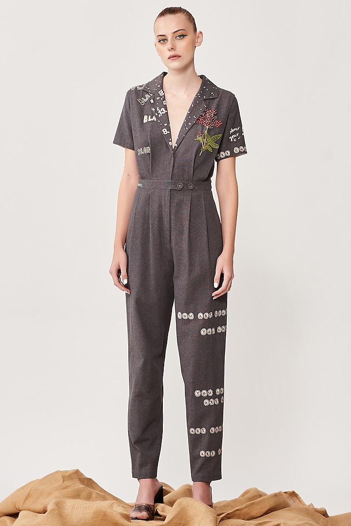 Grey Embroidered Jumpsuit by Shahin Mannan