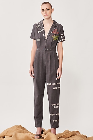 Grey Embroidered Jumpsuit by Shahin Mannan