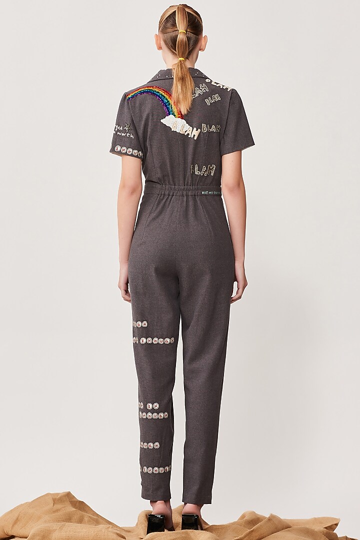 Grey Embroidered Jumpsuit by Shahin Mannan at Pernia's Pop Up Shop