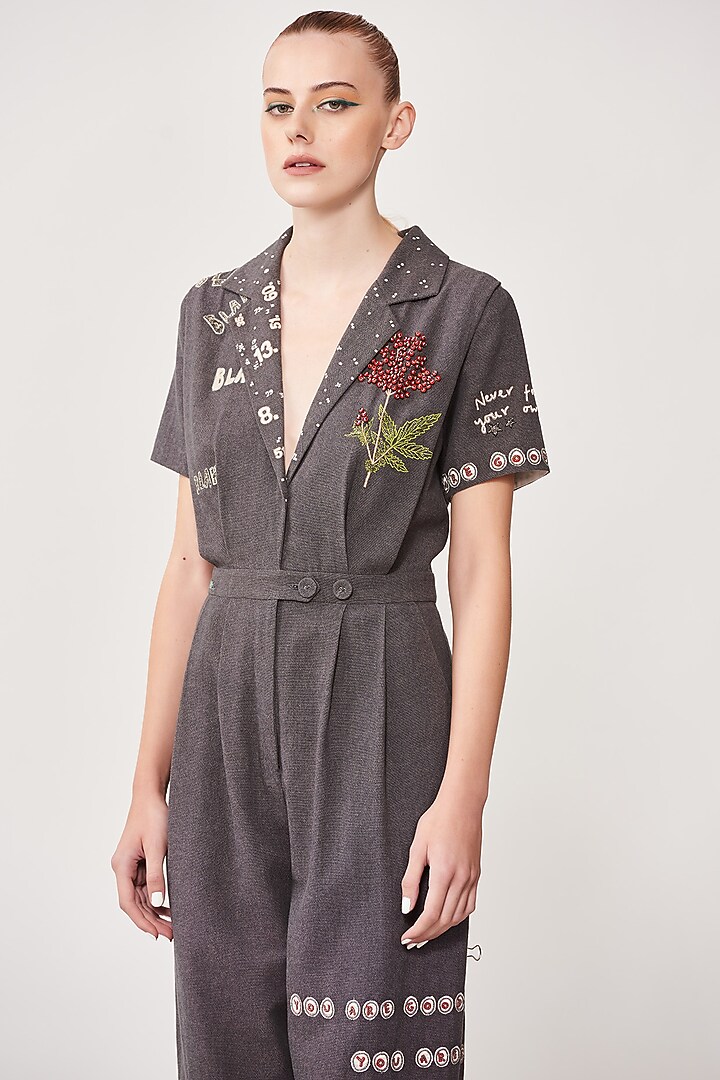 Grey Embroidered Jumpsuit by Shahin Mannan at Pernia's Pop Up Shop