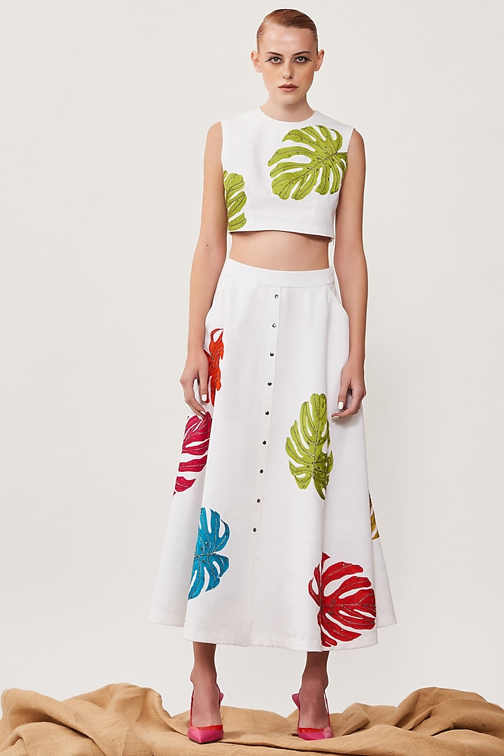 White Embroidered Cropped Top by Shahin Mannan