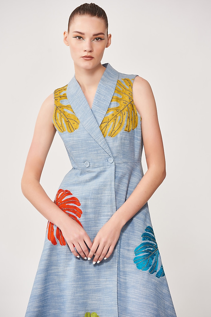 Mountain Blue Embroidered Wrap Cocktail Dress by Shahin Mannan at Pernia's Pop Up Shop