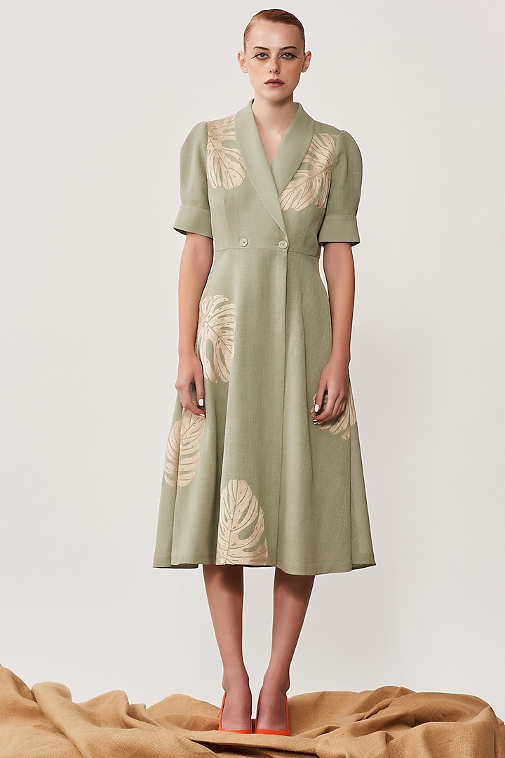 Sage Green Embroidered Wrap Dress by Shahin Mannan