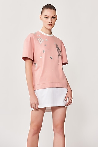 Peach Embroidered T-Shirt by Shahin Mannan
