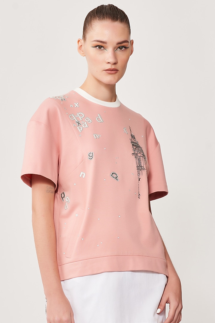 Peach Embroidered T-Shirt by Shahin Mannan at Pernia's Pop Up Shop