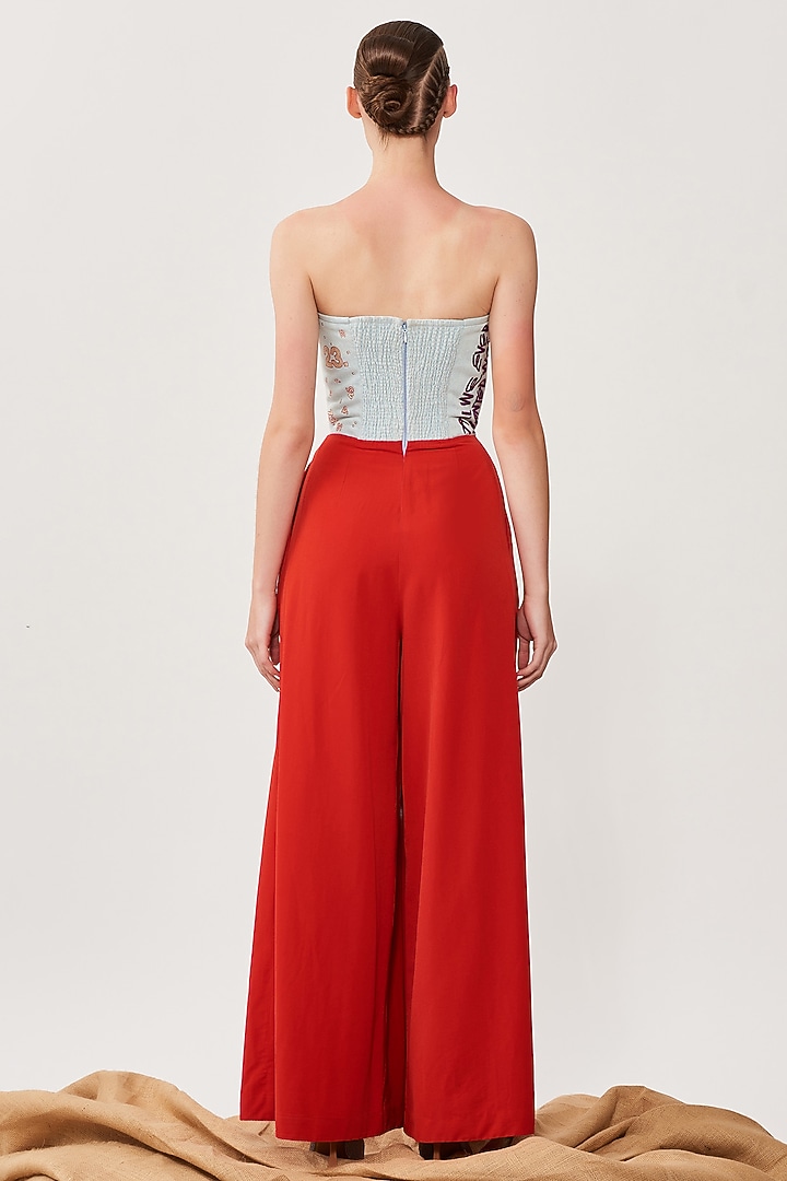 Sky Blue & Red Embroidered Jumpsuit by Shahin Mannan at Pernia's Pop Up Shop