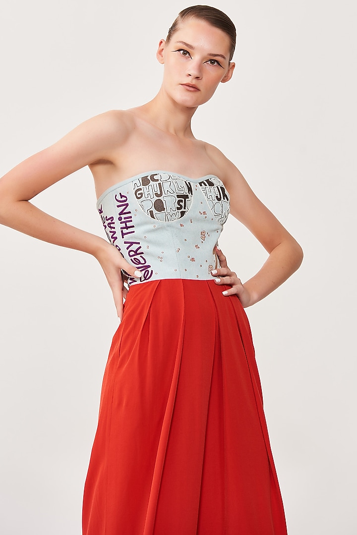 Sky Blue & Red Embroidered Jumpsuit by Shahin Mannan at Pernia's Pop Up Shop