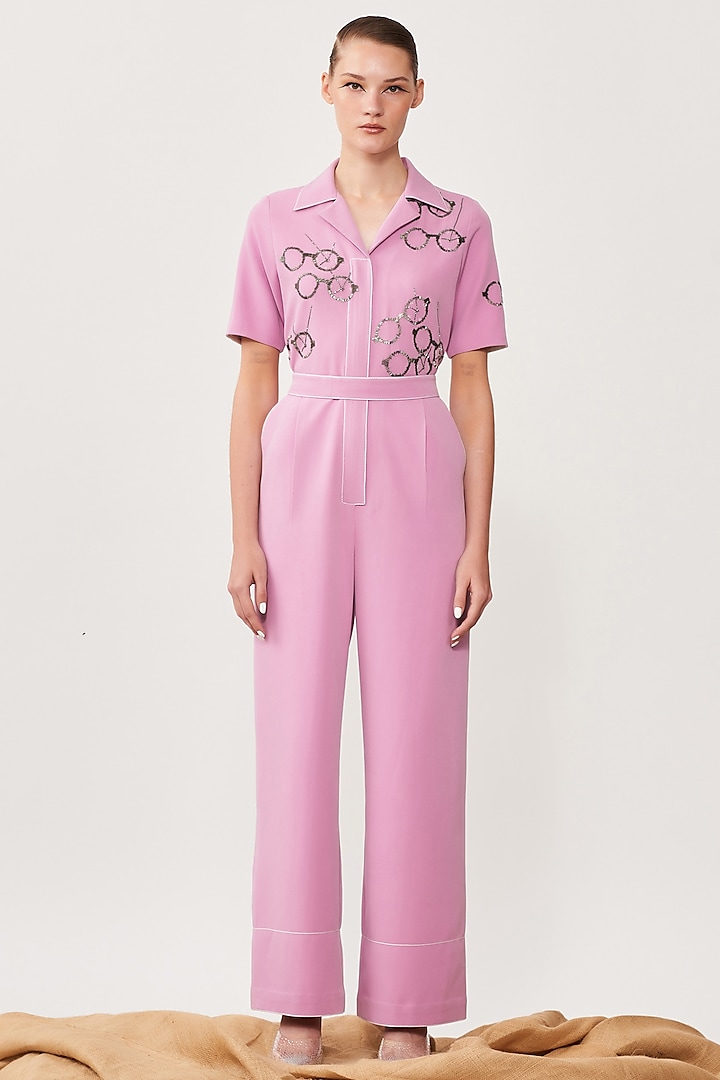 Lilac Embroidered Jumpsuit by Shahin Mannan