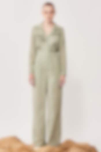 Sage Green Embroidered Jumpsuit by Shahin Mannan