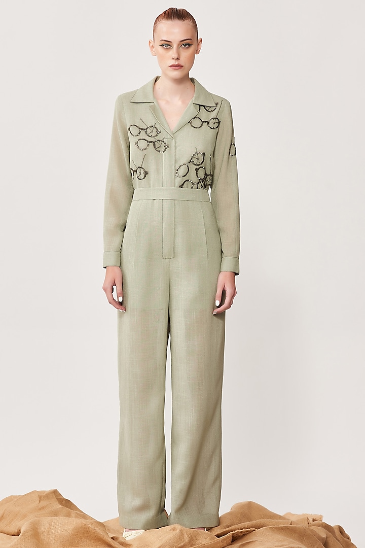 Sage Green Embroidered Jumpsuit by Shahin Mannan