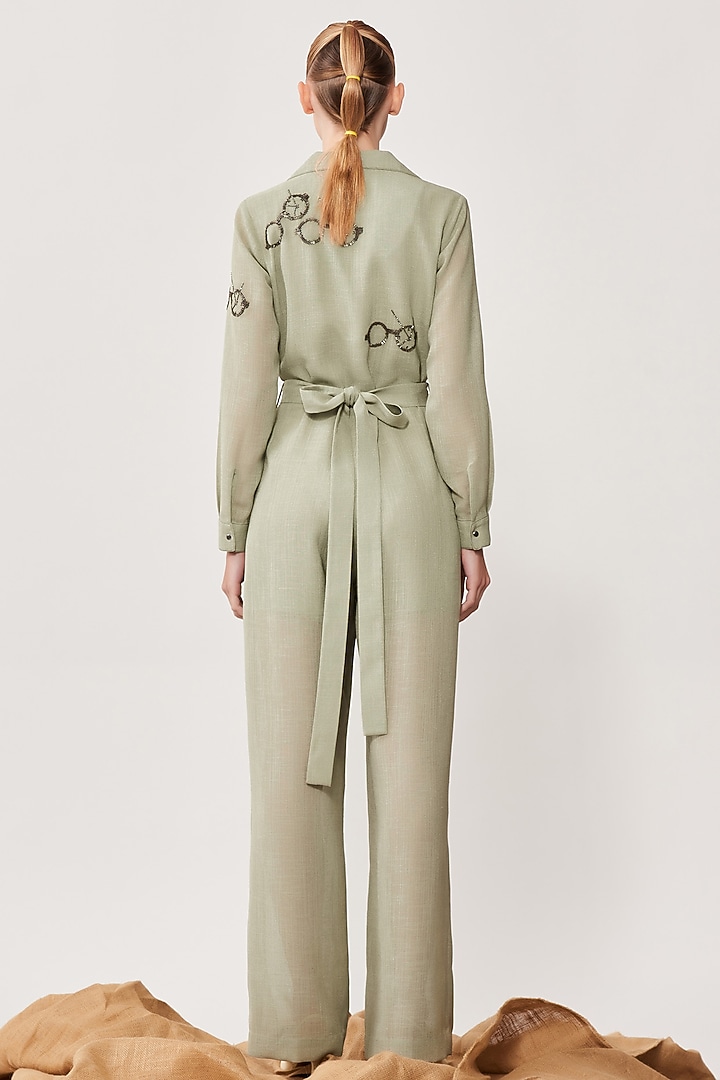 Sage Green Embroidered Jumpsuit by Shahin Mannan at Pernia's Pop Up Shop