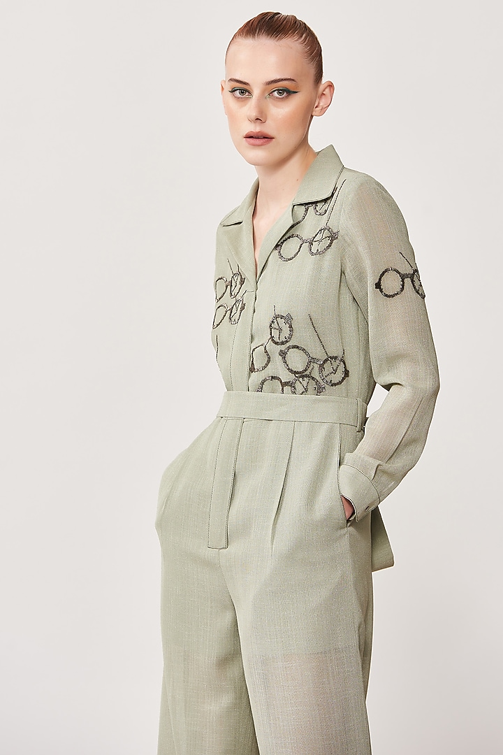 Sage Green Embroidered Jumpsuit by Shahin Mannan at Pernia's Pop Up Shop