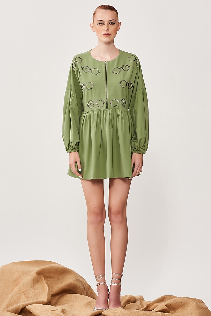 Pea Green Embroidered Mini Vacation Dress by Shahin Mannan at Pernia's Pop Up Shop