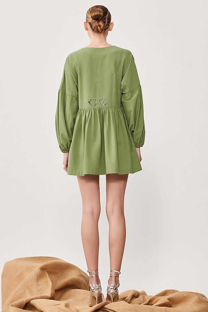 Pea Green Embroidered Mini Vacation Dress by Shahin Mannan at Pernia's Pop Up Shop