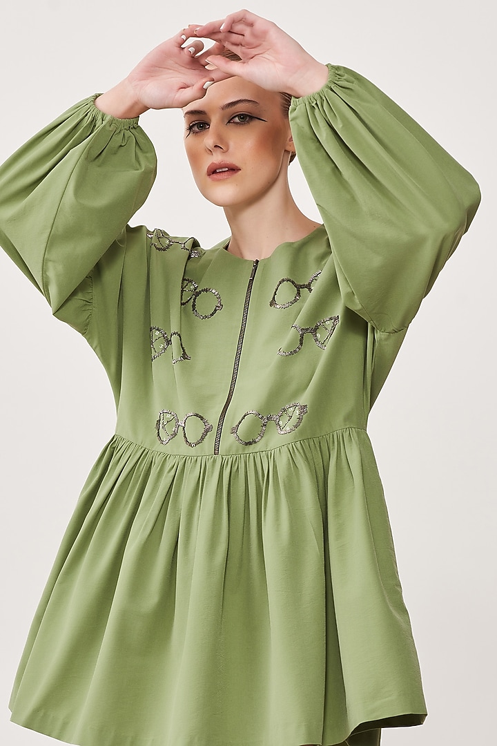 Pea Green Embroidered Mini Vacation Dress by Shahin Mannan at Pernia's Pop Up Shop