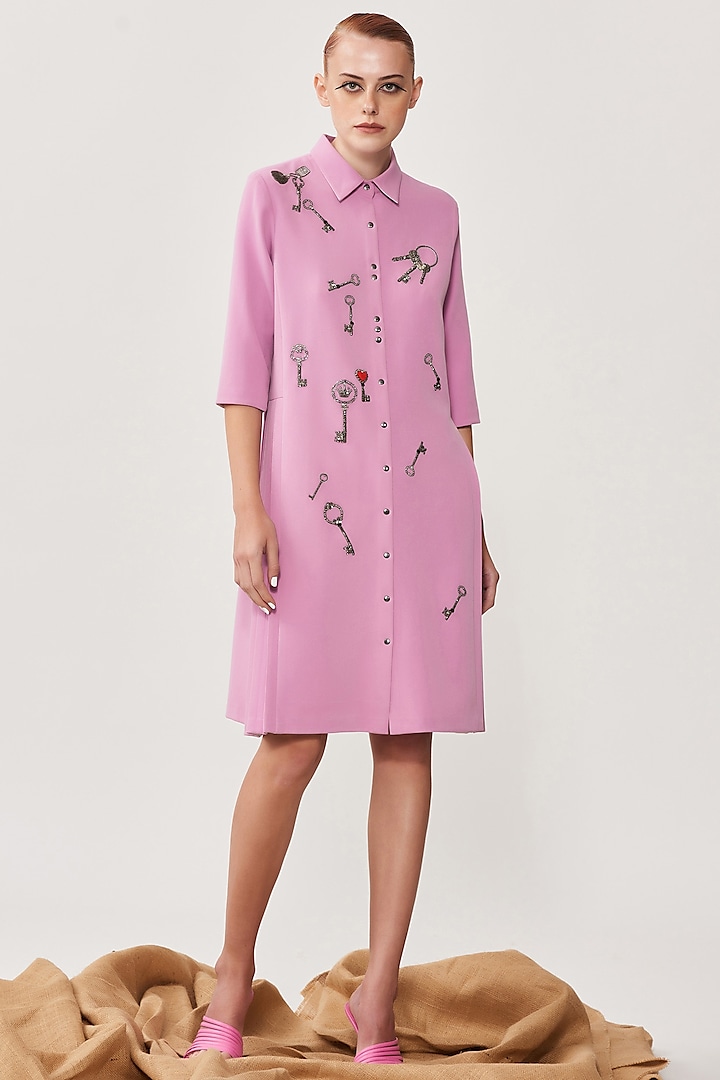 Lilac Embroidered Pleated Shirt Dress by Shahin Mannan