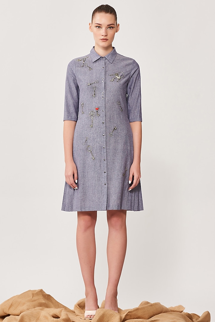 Stone Blue Embroidered Cocktail Shirt Dress by Shahin Mannan at Pernia's Pop Up Shop