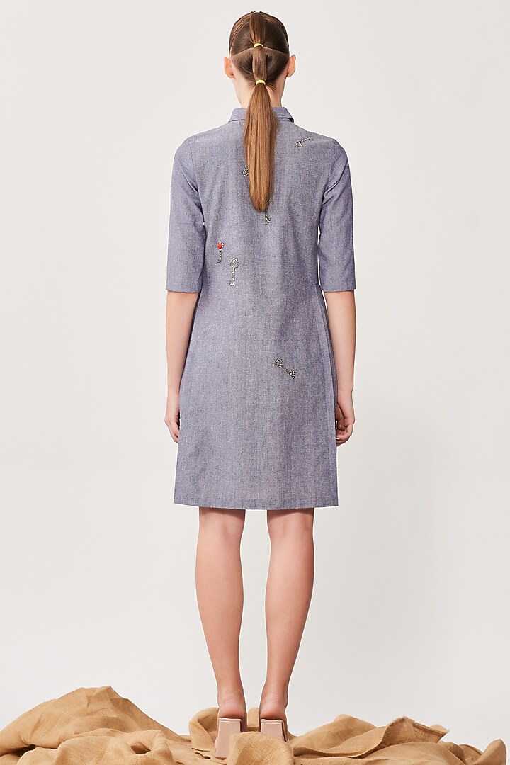 Stone Blue Embroidered Cocktail Shirt Dress by Shahin Mannan at Pernia's Pop Up Shop