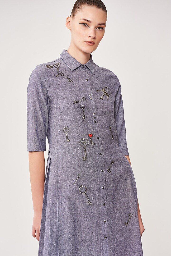 Stone Blue Embroidered Cocktail Shirt Dress by Shahin Mannan at Pernia's Pop Up Shop