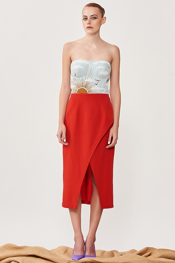 Sky Blue & Red Embroidered Cocktail Dress by Shahin Mannan at Pernia's Pop Up Shop