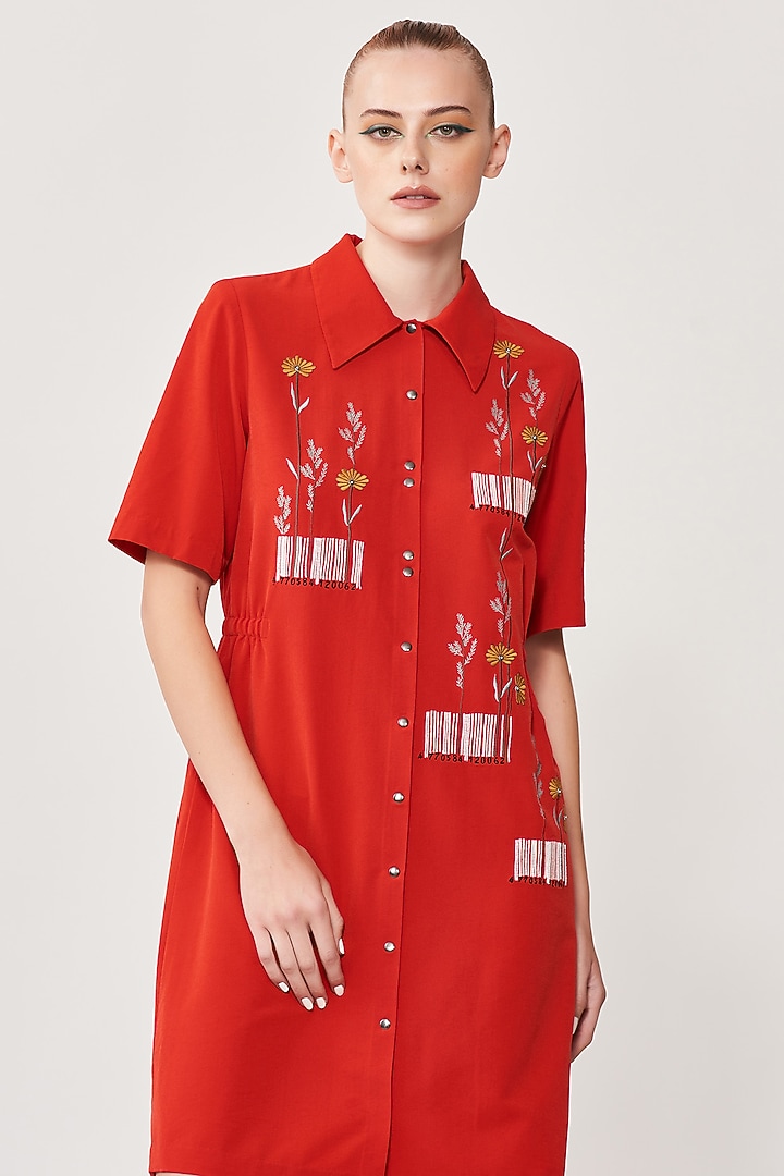 Red Embroidered Vacation Shirt Dress by Shahin Mannan at Pernia's Pop Up Shop
