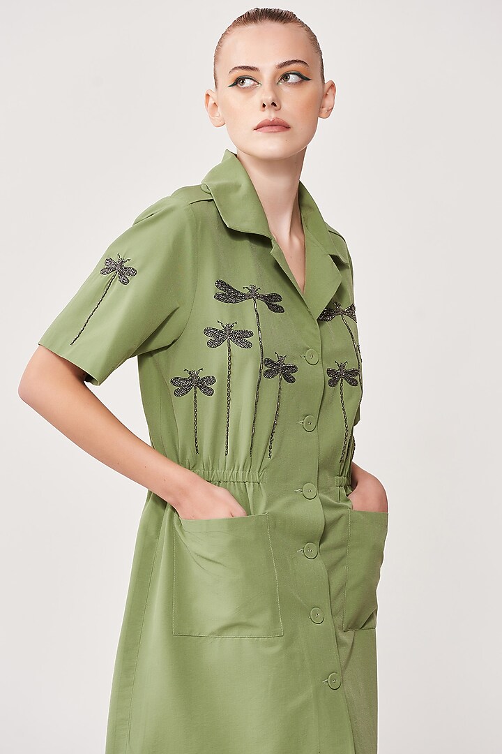 Pea Green Embroidered Coat Vacation Dress by Shahin Mannan at Pernia's Pop Up Shop