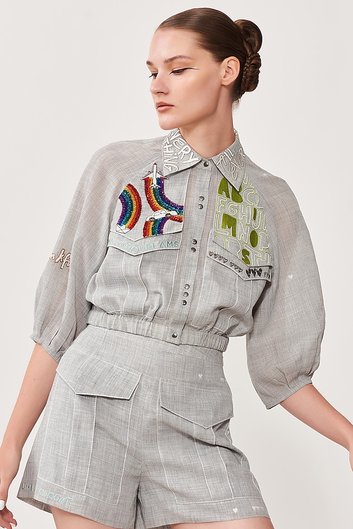 Melange Stone Grey Embroidered Co-Ord Set by Shahin Mannan at Pernia's Pop Up Shop
