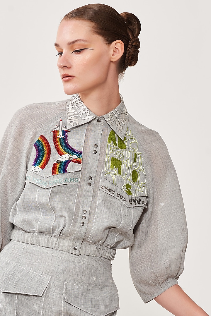 Melange Stone Grey Embroidered Short Jacket by Shahin Mannan at Pernia's Pop Up Shop