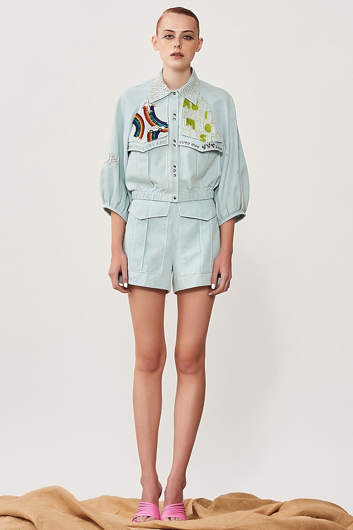 Sky Blue Embroidered Short Jacket by Shahin Mannan at Pernia's Pop Up Shop