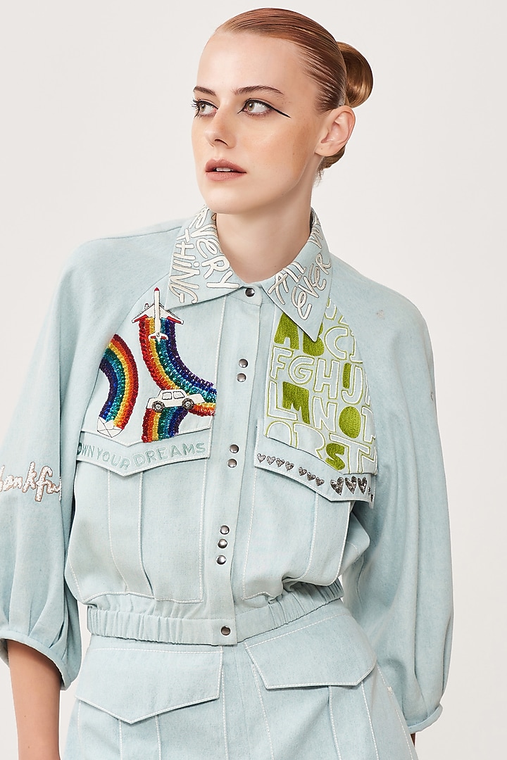 Sky Blue Embroidered Short Jacket by Shahin Mannan at Pernia's Pop Up Shop